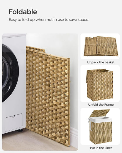 SONGMICS Laundry Hamper with Lid, 23.8 Gallon (90 L) Synthetic Rattan Clothes Laundry Basket with Lid and Handles, Foldable, Removable Liner, Chestnut Brown ULCB051K02