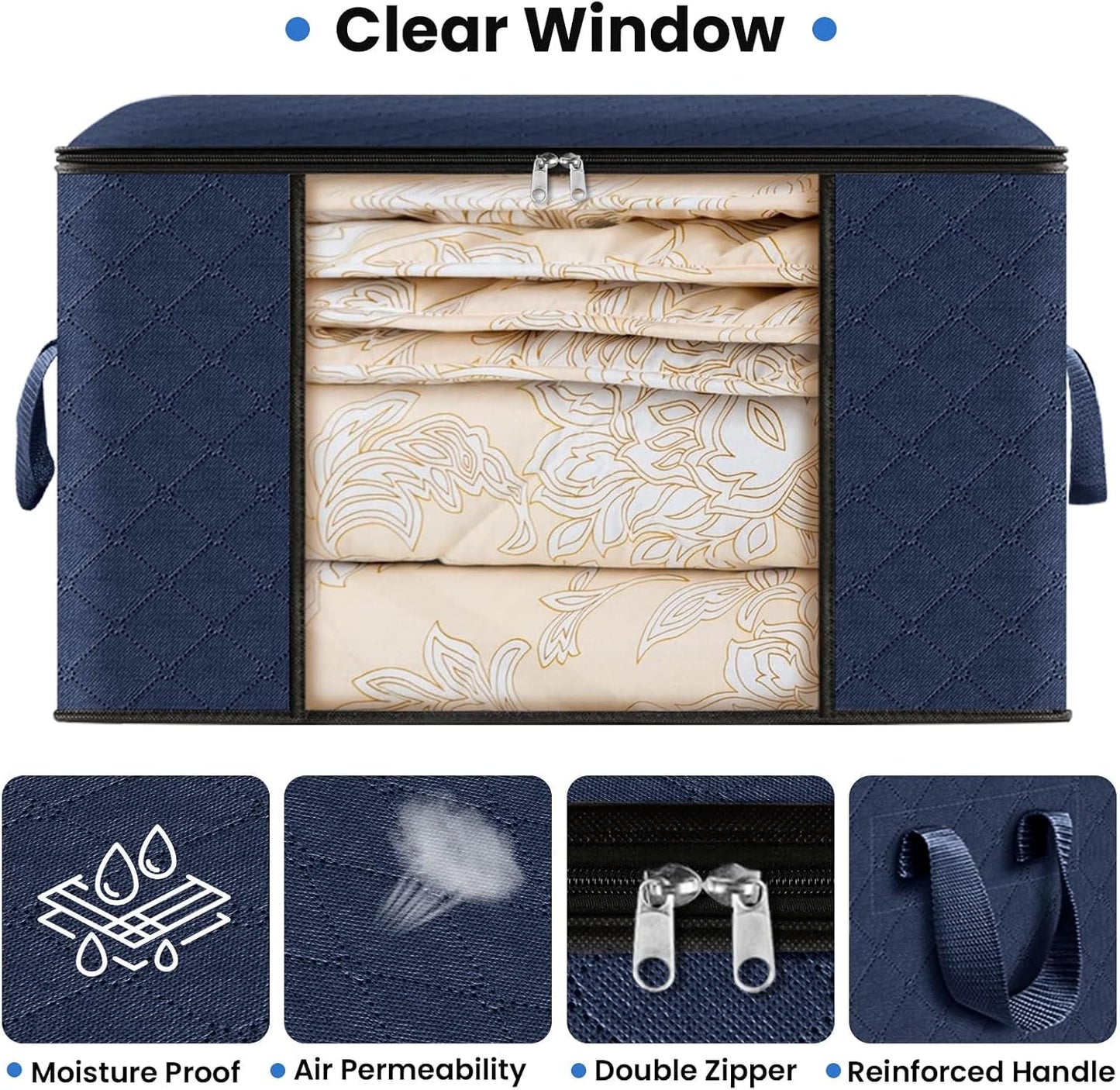 Fab totes 6 Pack Storage Bags for Clothes and Blanket, Foldable Closet Organizers and Storage with Zippers, Clear Window and Handles, Fabric Storage Bins for Sweater, Comforter, Bedding,Linen Sheets