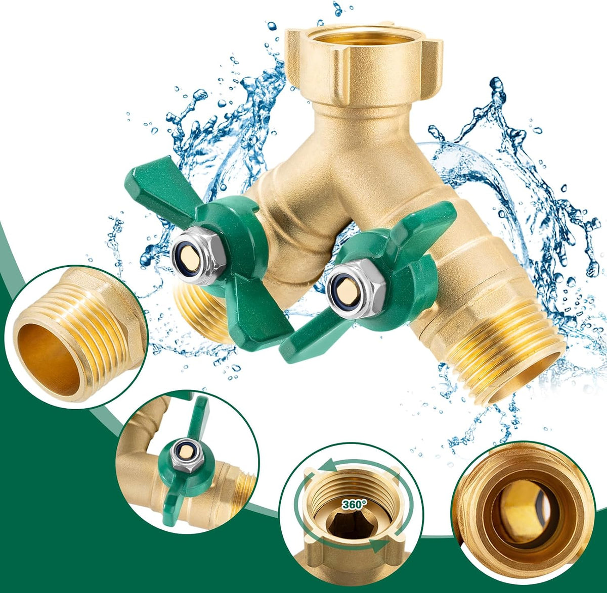 Garden Hose Splitter 2 Way, Heavy Duty Brass Hose Splitter, 3/4" GHT Hose Y Splitter with Shutoff, Full Flow Outdoor Faucet Splitter, Water Hose Y Valve Tap Adapter