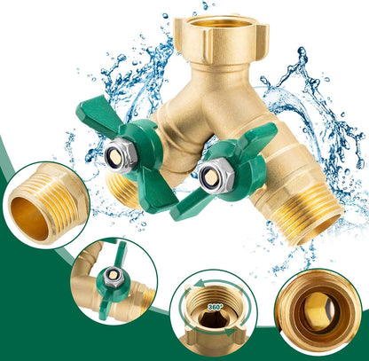 Garden Hose Splitter 2 Way, Heavy Duty Brass Hose Splitter, 3/4" GHT Hose Y Splitter with Shutoff, Full Flow Outdoor Faucet Splitter, Water Hose Y Valve Tap Adapter