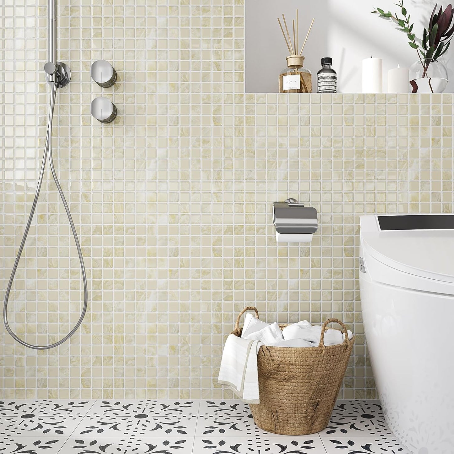 VEELIKE Cream Beige Mosaic Peel and Stick Backsplash for Kitchen Backsplash Tiles Peel and Stick Waterproof Wall Tile Stickers 12''x12'' 6 Sheet Removable Self Stick on Backsplash for Kitchen Bathroom