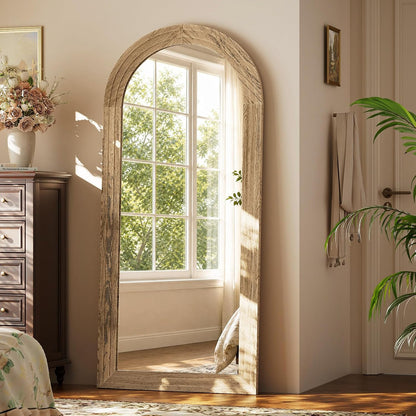 XRAMFY Full Length Mirror 65" x 22", Arched Large Floor Mirror with Solid Wood Frame, Freestanding & Wall Mounted, Antique Brown Finish for Bedroom Living Room