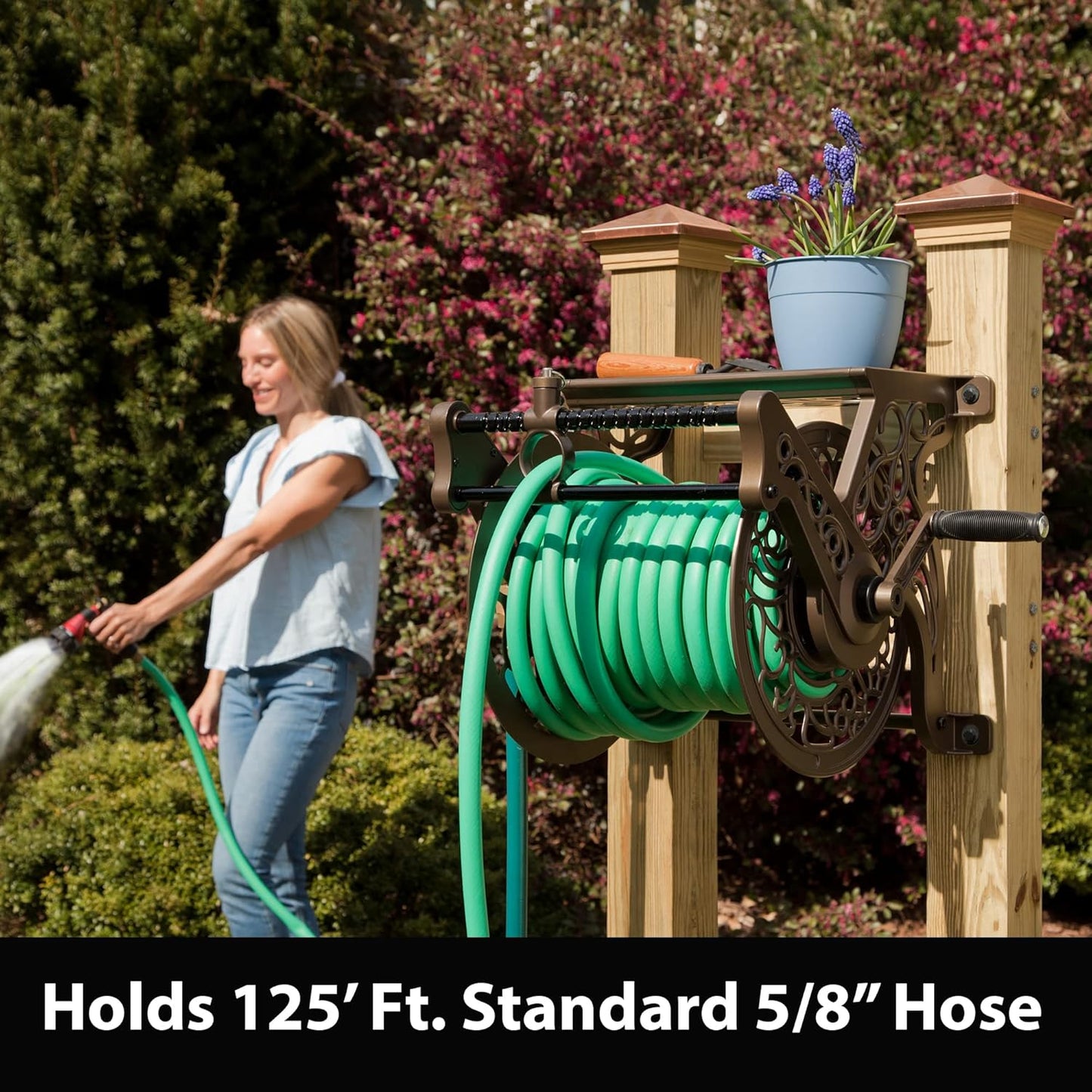 Liberty GARDEN 704 Decorative Cast Aluminum Wall Mount Garden Hose Reel, Holds 125-Feet of 5/8-Inch Hose - Bronze