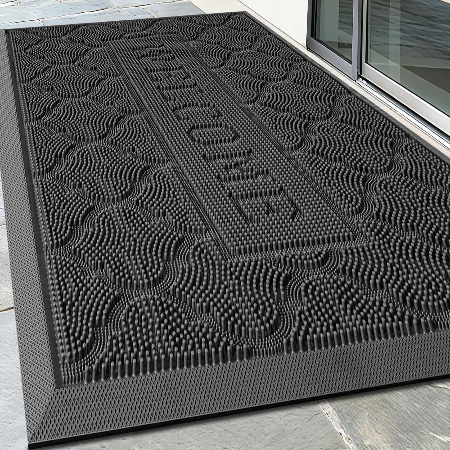 FRAMICS Front Door Mat Outside Entrance, Heavy Duty Rubber Door Mats Outdoor Welcome Mat Waterproof Doormat Non Slip for Entryway Doormats Dirt Trapper Indoor Mats All Seasons, 17 x 30 Inches, Black