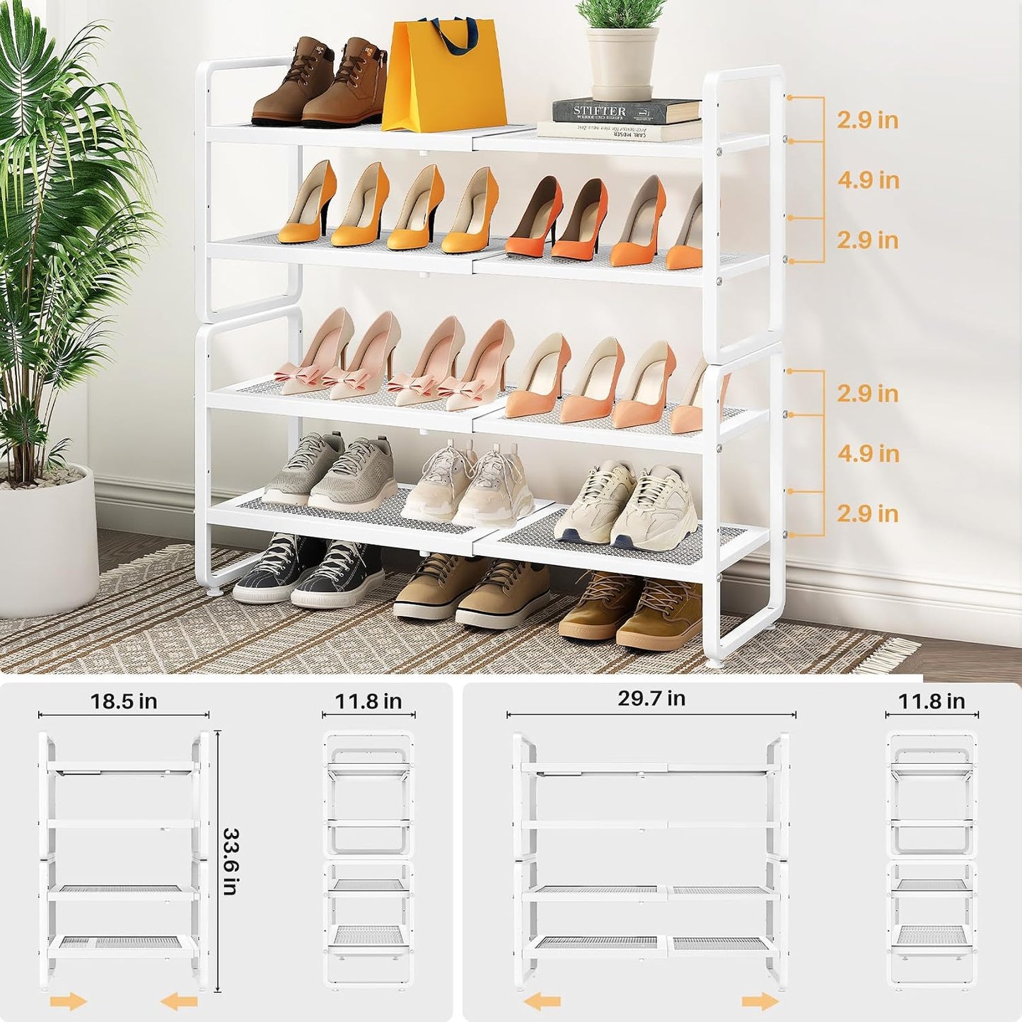 SNTD Shoe Rack - Expandable Shoe Organizer for Closet, Adjustable Metal Shoe Shelf Storage, Stackable Long Shoe Stand Holder for Garage, Entryway, Door Entrance (Black, 2-Tier)