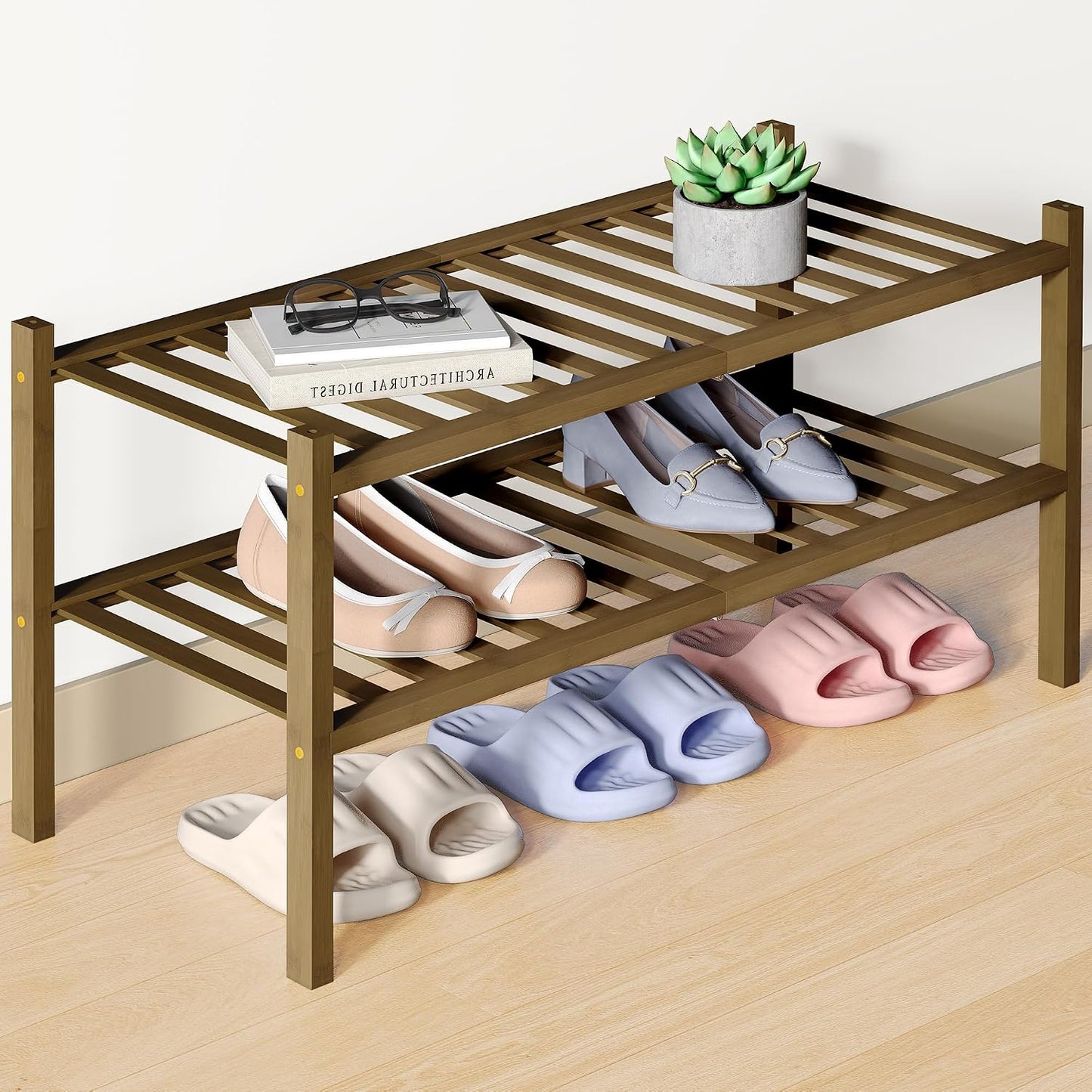 Smiry Bamboo Shoe Rack for Closet, 3 Tier Wooden Shoe Organizer, Stackable Wood Shoe Storage Shelf for Entryway, 14 Vertical Slats, One-piece Heavy-Duty Legs, 26.77"x11.02"x18.31", Natural