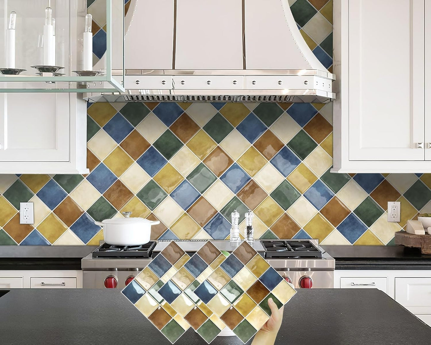 DEWOO Colorful Peel and Stick Backsplash Tiles Kitchen Bathroom Square Self Adhesive Wall Tile Checkered Stickers,Multicolor (10-Sheet, 12"×12")