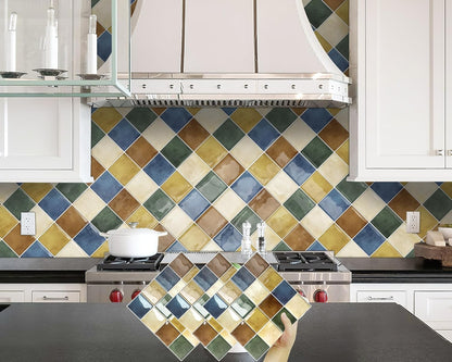 DEWOO Colorful Peel and Stick Backsplash Tiles Kitchen Bathroom Square Self Adhesive Wall Tile Checkered Stickers,Multicolor (10-Sheet, 12"×12")