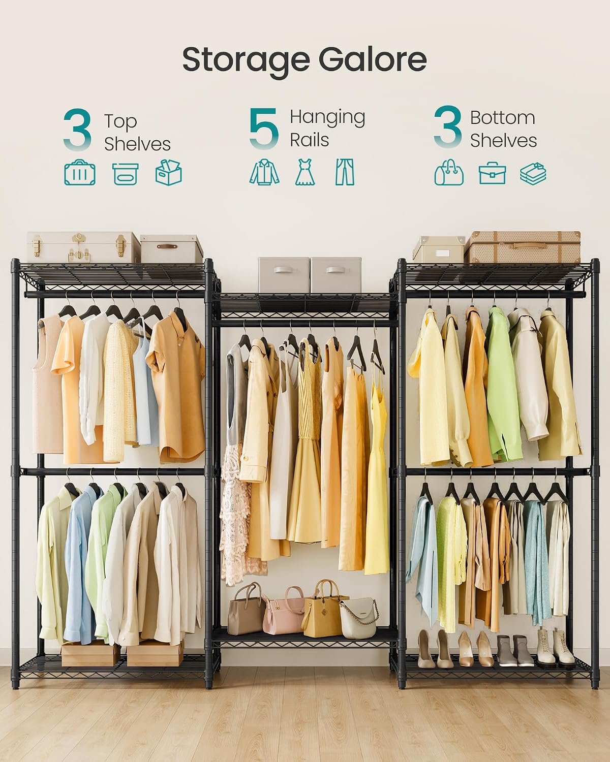 SONGMICS Heavy-Duty Clothes Rack, Garment Rack, Portable Closet, 68.7-Inch Wide Clothing Rack with Adjustable Mesh Shelves and Hanging Rails, Ink Black ULGR433B01