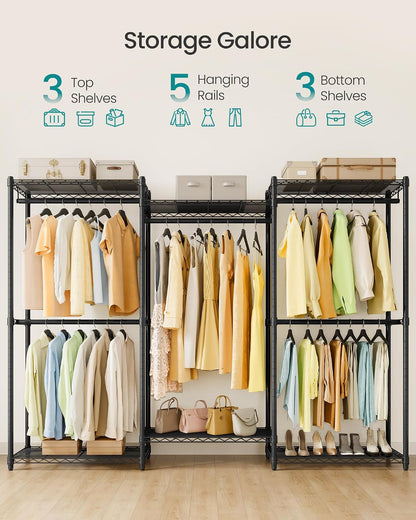 SONGMICS Heavy-Duty Clothes Rack, Garment Rack, Portable Closet, 68.7-Inch Wide Clothing Rack with Adjustable Mesh Shelves and Hanging Rails, Ink Black ULGR433B01