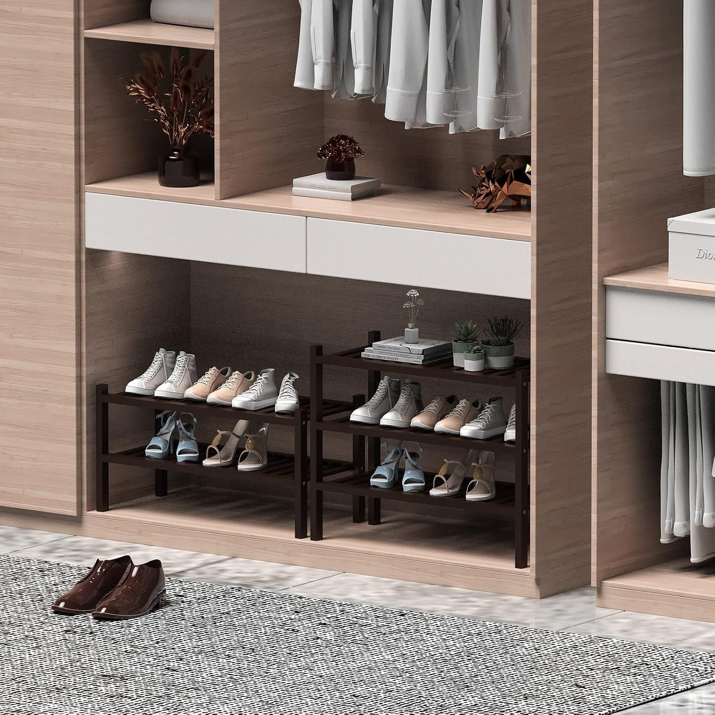 ROMGUAR CRAFT 3 Tier Bamboo Shoe Rack for Closet Free Standing Wood Shoe Shelf Storage Organizer for Entryway Small Space Stackable 27"x11"x20" (Natural)