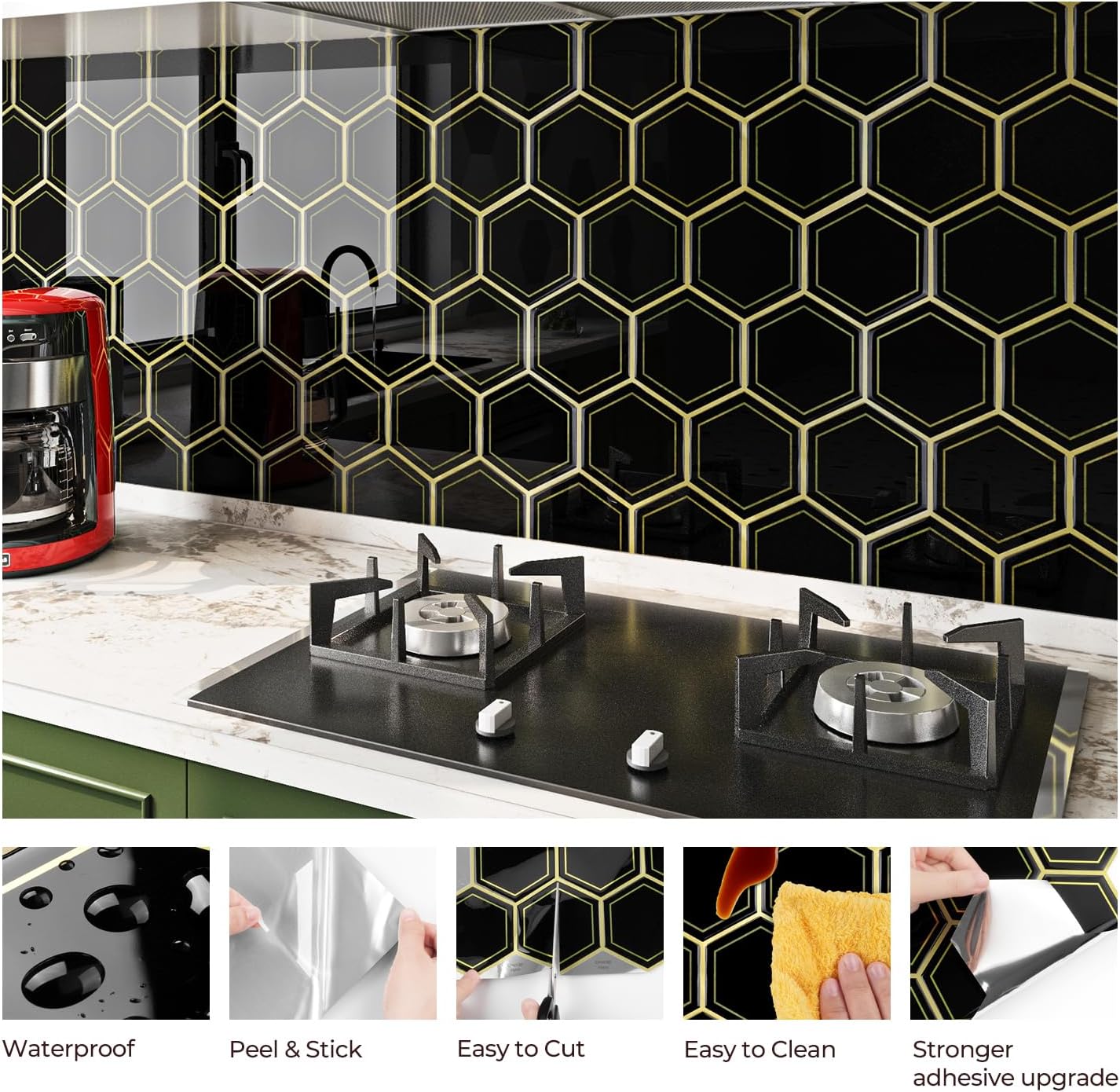 FunStick Dark Green Peel and Stick Backsplash Tile Stickers for Kitchen 12"x12" 3D Hexagon Self Adhesive Wall Tiles Peel and Stick Backsplash Stick on Tile for Bathroom Shower RV Waterproof 5 Sheets