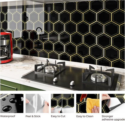 FunStick Dark Green Peel and Stick Backsplash Tile Stickers for Kitchen 12"x12" 3D Hexagon Self Adhesive Wall Tiles Peel and Stick Backsplash Stick on Tile for Bathroom Shower RV Waterproof 5 Sheets