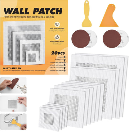20 Pack Drywall Patch, 2/4/6/8 Inch Drywall Repair Patch, Large Hole Patch Repair for Drywall, Quick & Easy Wall Repair, Use with Wall Filler & Spackle