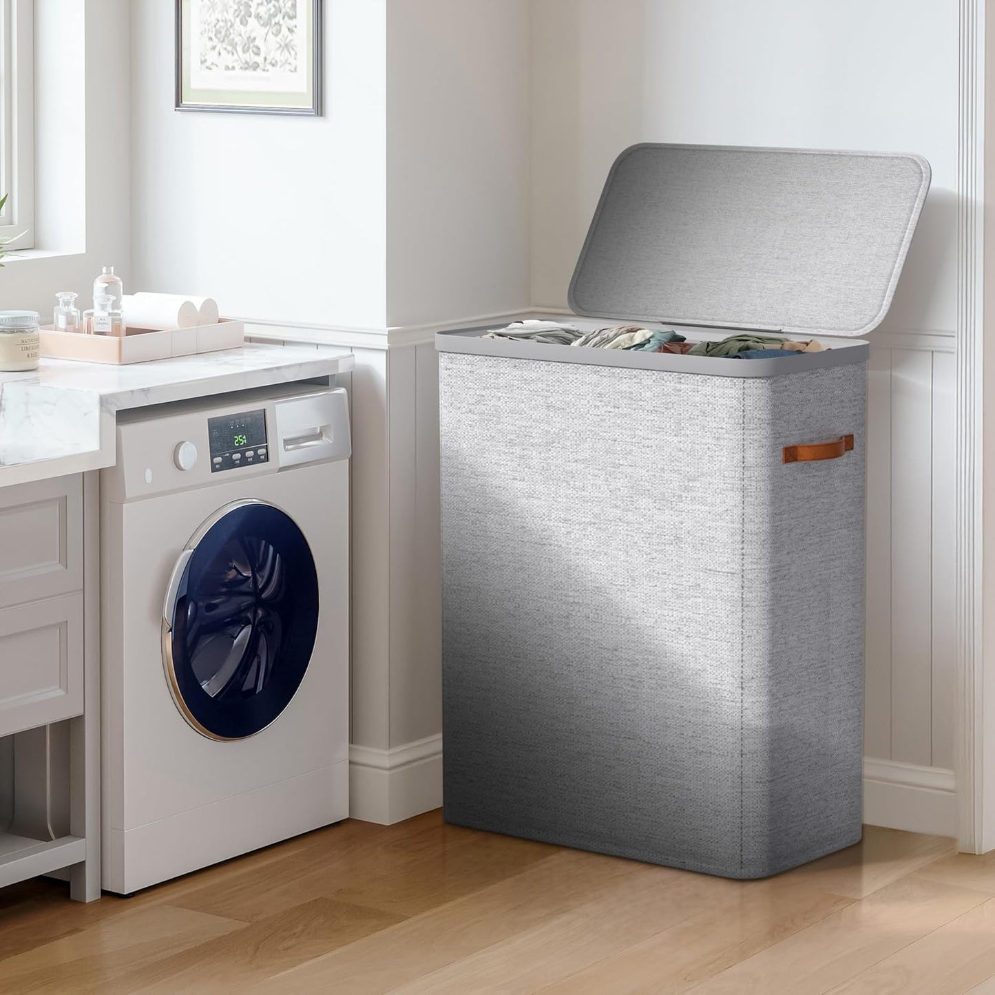 Sorbus Laundry Hamper with Lid - Collapsible 3-Compartment Fabric Laundry Basket with Handles and Removable Laundry Bag – 50 Gallon (190 L) Dirty Clothes Hamper for Bedroom, bathroom and dorm (Beige)