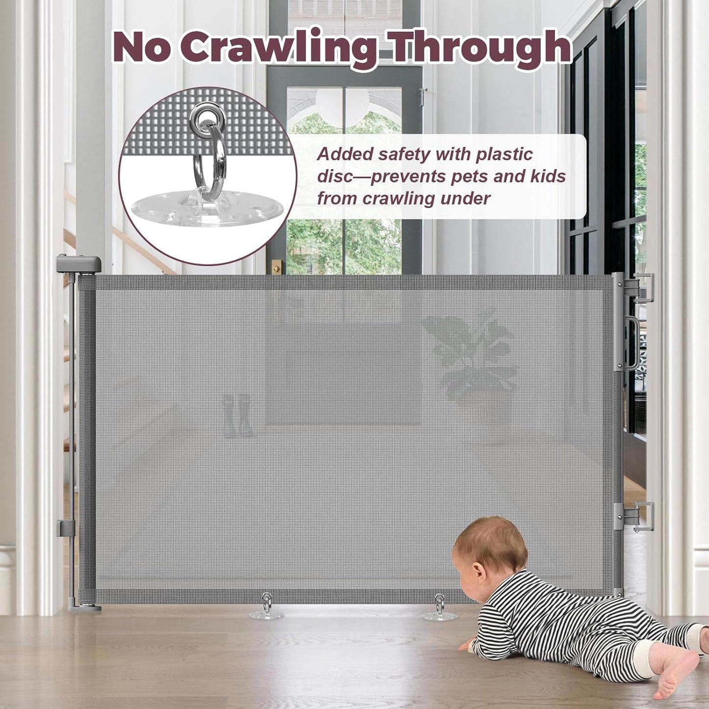 Retractable Baby Gate for Stairs & Doorways, Mesh Dog Gate Indoor Outdoor, Extends to 55" Wide 34" Tall Child Gate for Hallways, Deck, Porch, Pet Toddler Safety Essentials, Easy Install, Grey