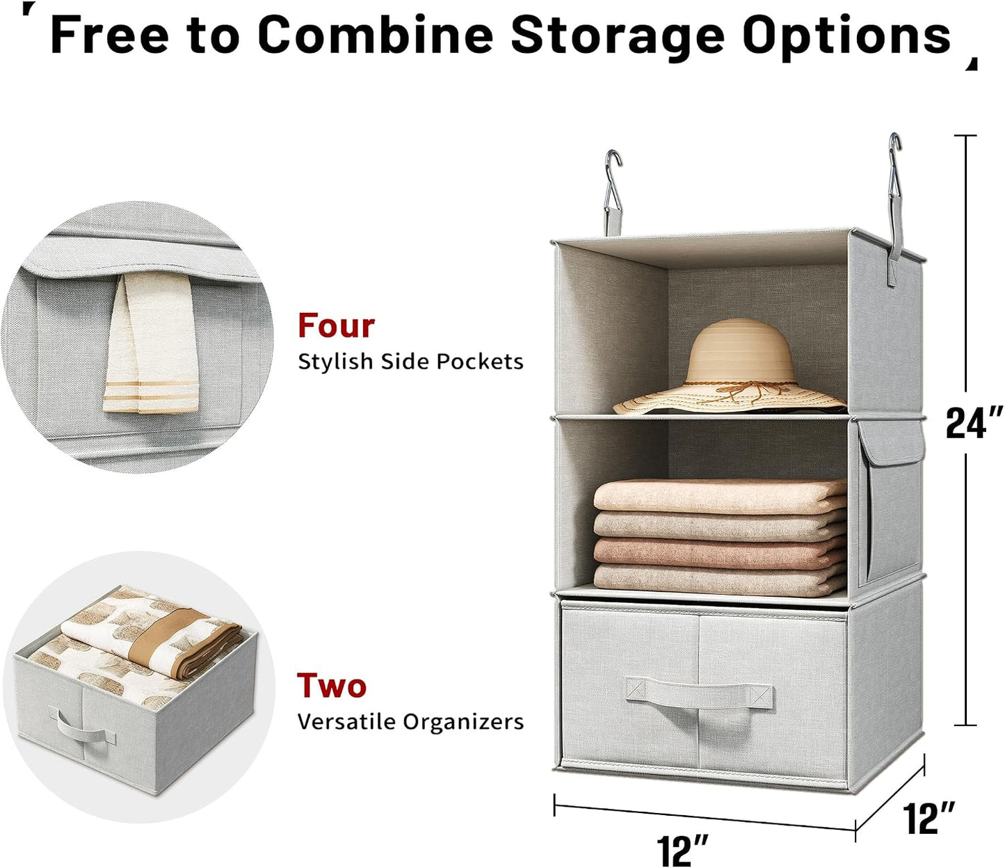 Vailando 6-Shelf Hanging Closet Organizer with 3 Drawers, 2 Separable 3-Shelf Closet Organizers and Storage for Wardrobe Organization, Hanging Dresser for Nursury & Dorm Clothes Organizer