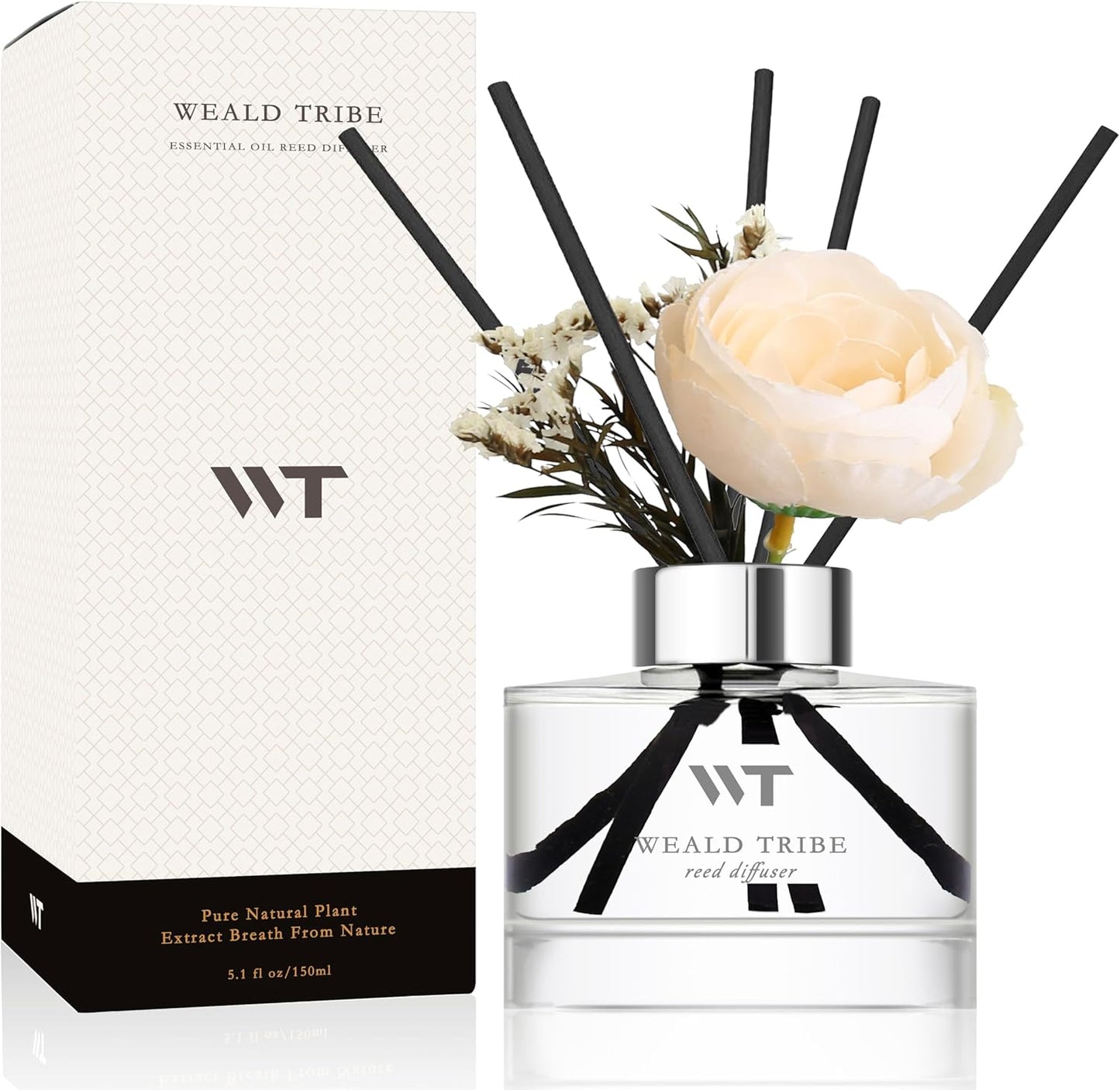 Flower Reed Diffuser Set Wild Eucalyptus Mint Scent for Bathroom Accessories Shelf Decor & Air Fresheners, Sticks Defusers with 5.1 fl oz Essential Oils & Leaves, House Bedroom Office Decor & Gifts