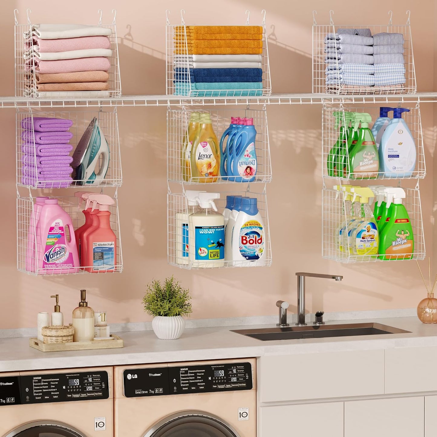 3-Pack Extra-Tall 13.6'' Hanging Laundry Basket Organizer, Foldable Wire Shelf with 360° Rotating Hooks & Reinforced Height - Durable Space-Saving Laundry Room & Closet Organizer, White Patent