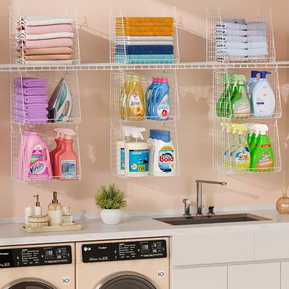 3-Pack Extra-Tall 13.6'' Hanging Laundry Basket Organizer, Foldable Wire Shelf with 360° Rotating Hooks & Reinforced Height - Durable Space-Saving Laundry Room & Closet Organizer, White Patent