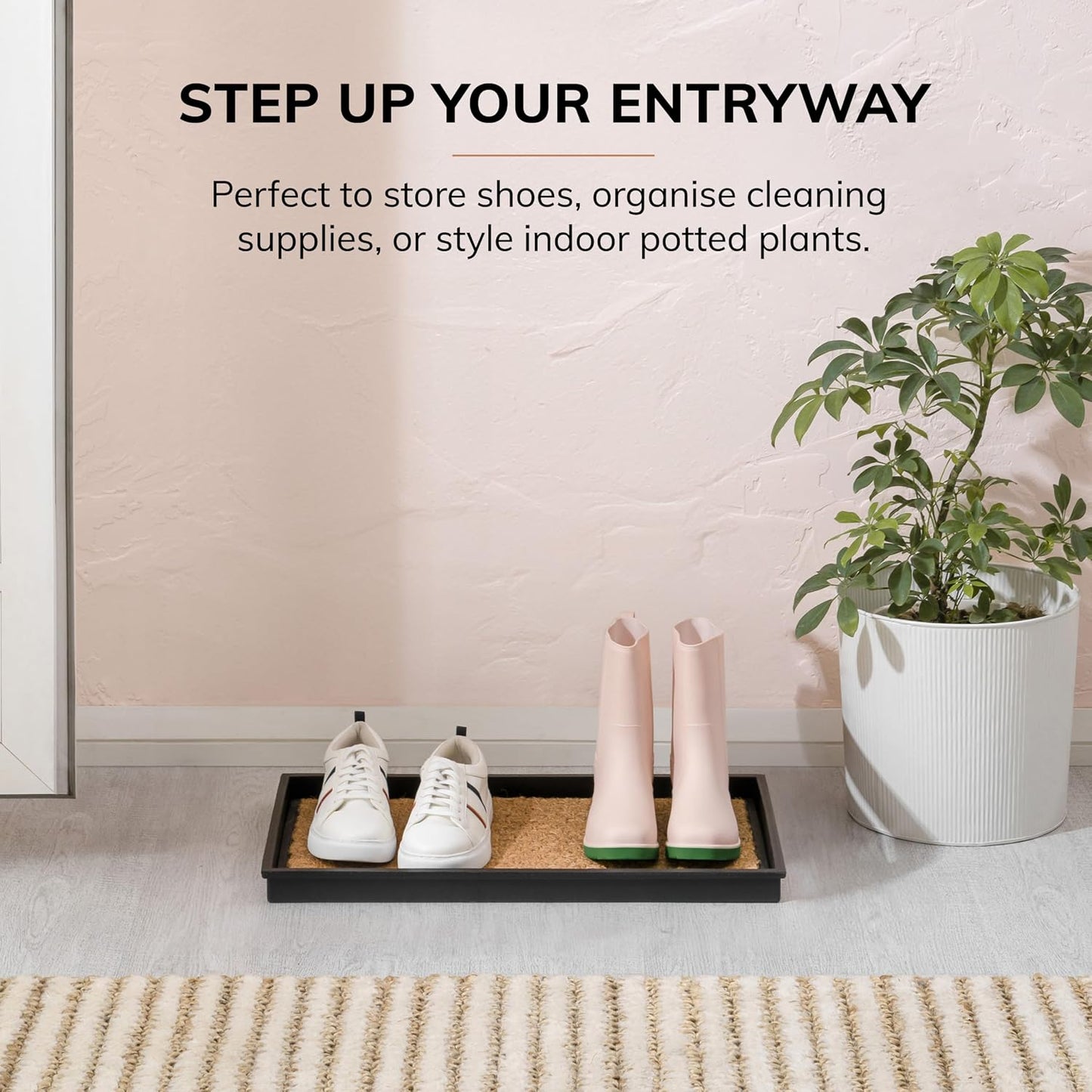Anji Mountain Heavy Duty Waterproof Rubber Shoe Storage Mat Organizer/Boot Storage Tray Multi Use For Entryway with Coir, Tan and Khaki Insert , Fits 4 Pair (46.5" Wide)