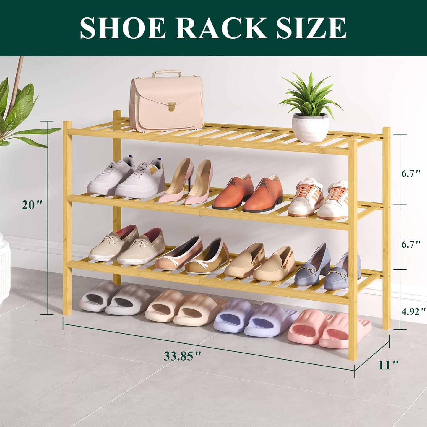 Smiry Bamboo Shoe Rack for Closet, 3 Tier Wooden Shoe Organizer, Stackable Wood Shoe Storage Shelf for Entryway, 14 Vertical Slats, One-piece Heavy-Duty Legs, 26.77"x11.02"x18.31", Natural