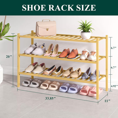 Smiry Bamboo Shoe Rack for Closet, 3 Tier Wooden Shoe Organizer, Stackable Wood Shoe Storage Shelf for Entryway, 14 Vertical Slats, One-piece Heavy-Duty Legs, 26.77"x11.02"x18.31", Natural