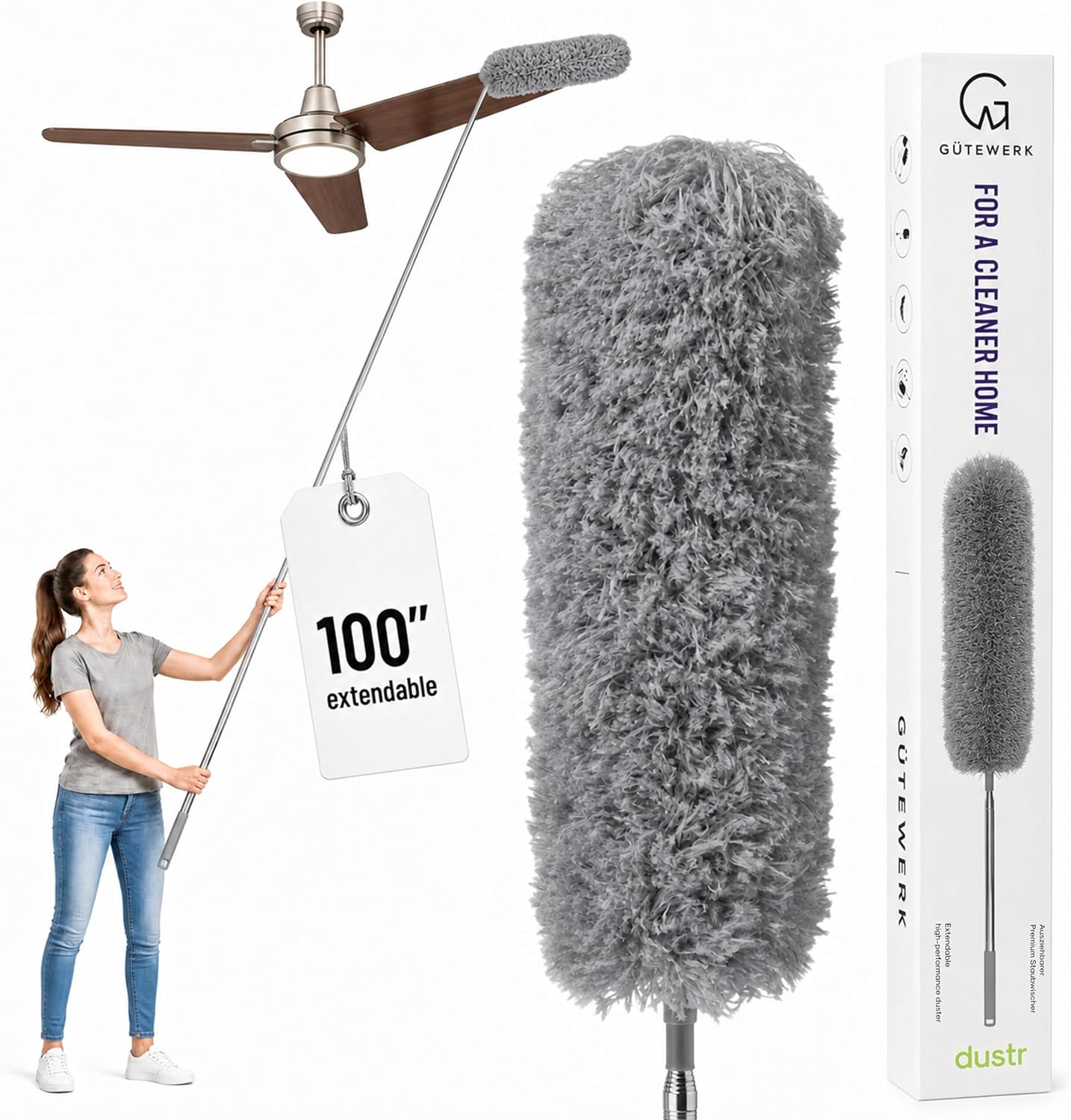Gütewerk Extendable Microfiber Duster, 55 Inch - Feather Dusters for Cleaning Ceiling Fans, Blinds, Baseboards & High Ceilings - Washable, Electrostatic, 360° Bendable Head, Stainless Steel Pole