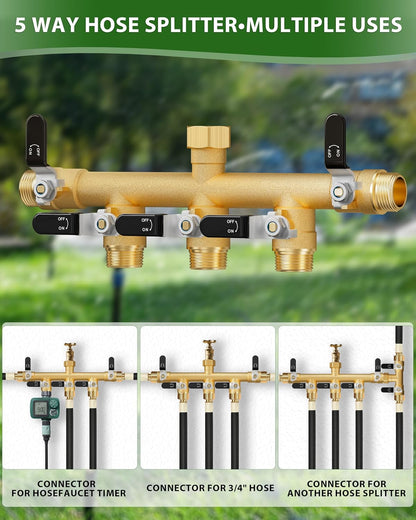 Hose Splitter 2 Way, Heavy Duty Brass Garden Hose Splitter, Water Hose Bib Spigot Splitter with 0.59" Full Flow Ball Valve Outlet & Shut-Off Valve 3/4'' Connector Outdoor Water Faucet Adapter