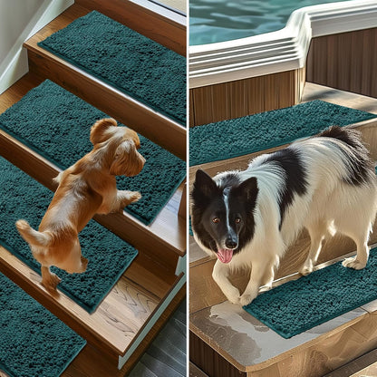 Muddy Mat® Pack of 4 - Soft Chenille Stair Treads Non-Slip Reusable, Super Absorbent Stair Treads for Wooden Steps, Tile & Marble Floor, Easy to Install & Machine Washable - Brown 30'' x 7''