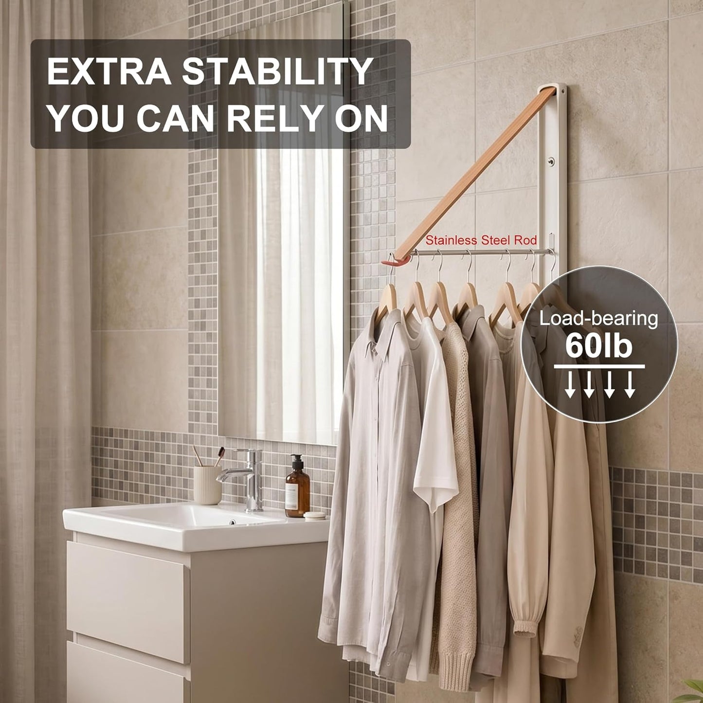 LEQ Clothes Drying Rack Wall Mounted, Foldable Laundry Drying Rack with Wood-Tone Aluminum Frame, Rustproof Retractable Clothes Hanger for Small Laundry Room, Bathroom, Balcony,White