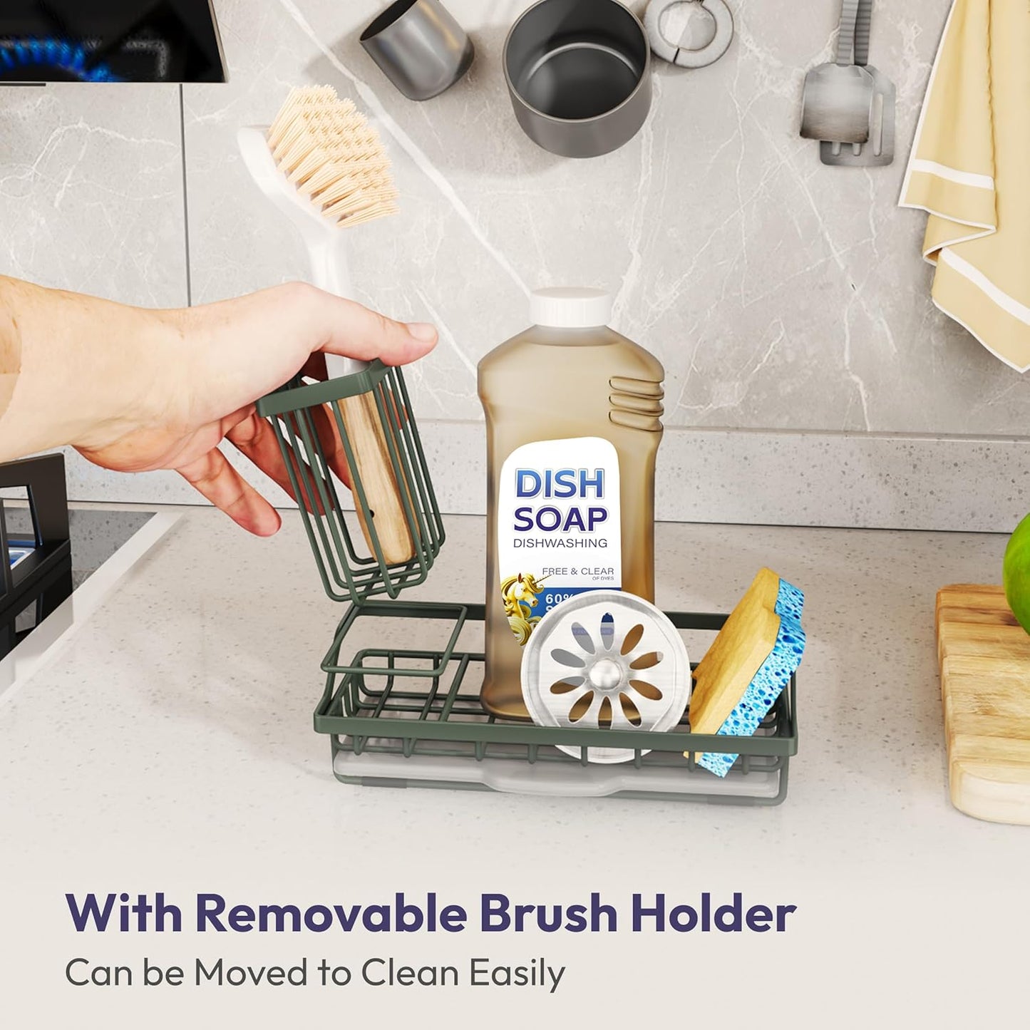 SWTYMIKI Sink Caddy Sponge Holder - Kitchen Sink Organizer with High Brush Holder for Countertop to Hold Dish Soaps and Sponges, Stainless Steel, Black