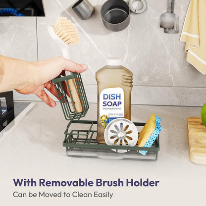 SWTYMIKI Sink Caddy Sponge Holder - Kitchen Sink Organizer with High Brush Holder for Countertop to Hold Dish Soaps and Sponges, Stainless Steel, Black