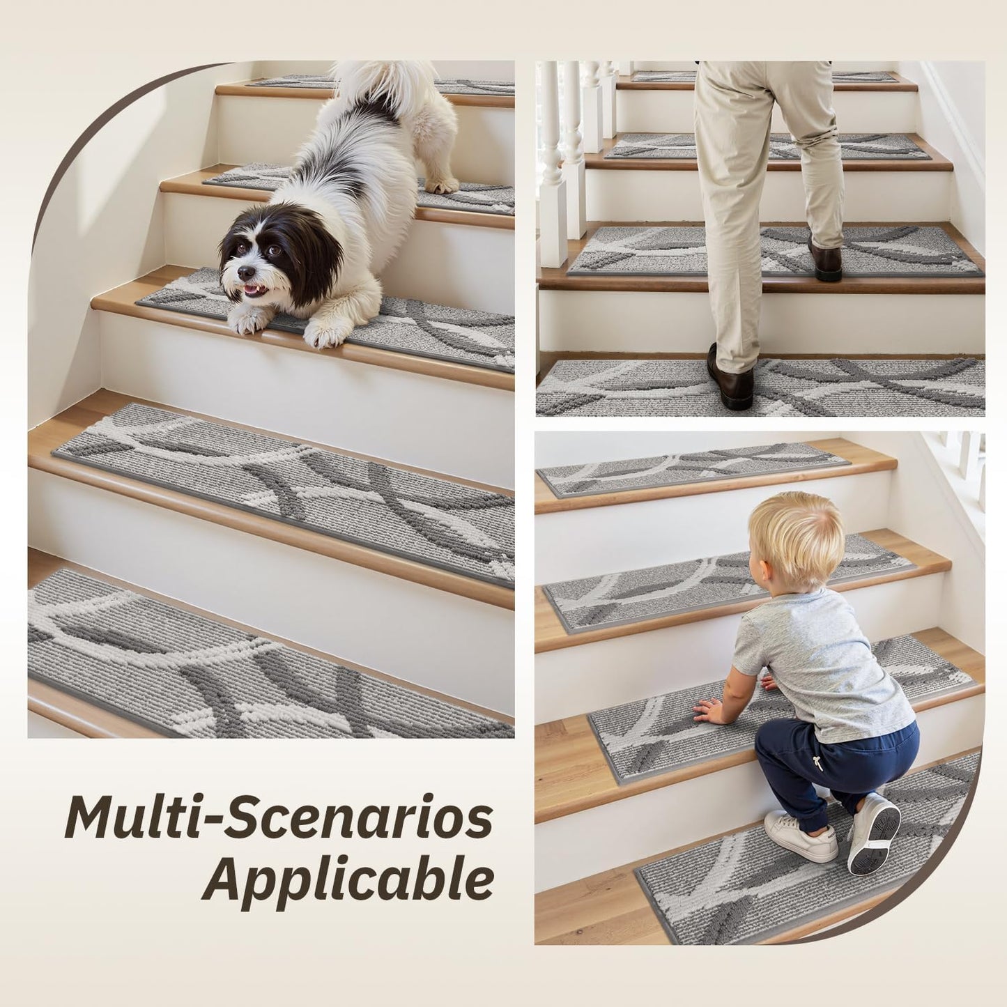 PADOOR Stair Treads Non Slip 15 PCS, 3D Peel and Stick Stair Treads for Wooden Steps Indoor, Residue-Free Adhesive Stair Runner for Kids, Elders & Pets, Washable Carpet for Stairs,8"x30",Brown