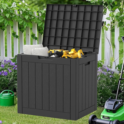 NUNU LAB Outdoor Storage Box, 45 Gallon Outside Deck Box Waterproof, Resin Outdoor Storage Cabinet With Lockable Lid, Backyard Storage Bench For Garden Tools, Patio Cushions, Pool Tools, Black