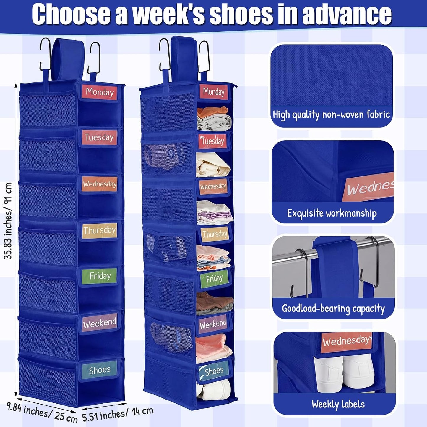 2 Pack 7 Shelf Weekly Clothes Organizer Hanging Closet for Kids with Side Pockets Weekday Shoes Rack Weekly Clothes Organizers Monday Through Weekend Foldable Storage Shelves(Black)