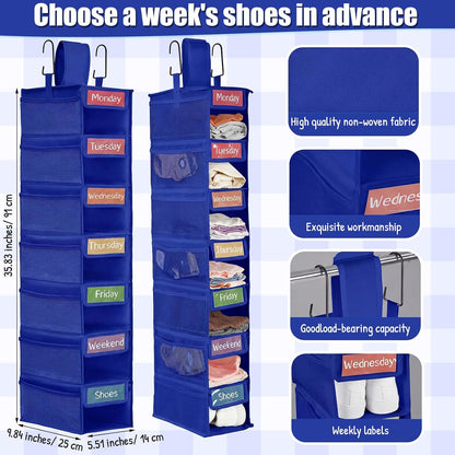 2 Pack 7 Shelf Weekly Clothes Organizer Hanging Closet for Kids with Side Pockets Weekday Shoes Rack Weekly Clothes Organizers Monday Through Weekend Foldable Storage Shelves(Black)