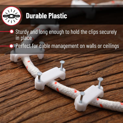 Bates- Cable Clips with Steel Nails, 200 pcs, White, Large, 2-Nail Cord Clips for Wires on Wall, Cable Wall Clip, Wire Wall Clips, Cable Wire Clips, Coaxial Cable Clips, Cord Wall Clip
