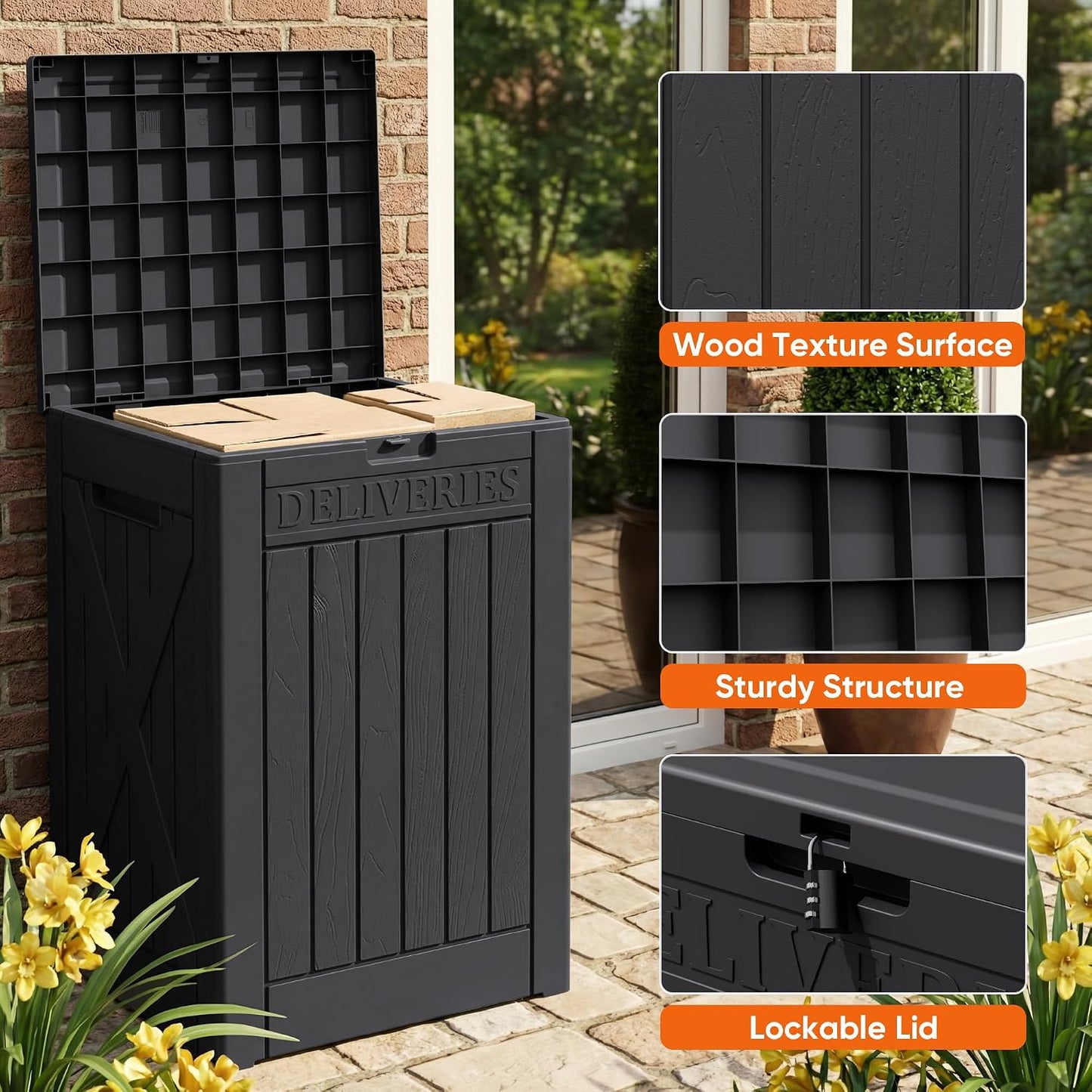 Flamaker Resin Deck Box 120 Gallon Waterproof Large Outdoor Indoor Storage Box Imitation Wood Resin for Patio Furniture Garden Tools and Pool (Black)