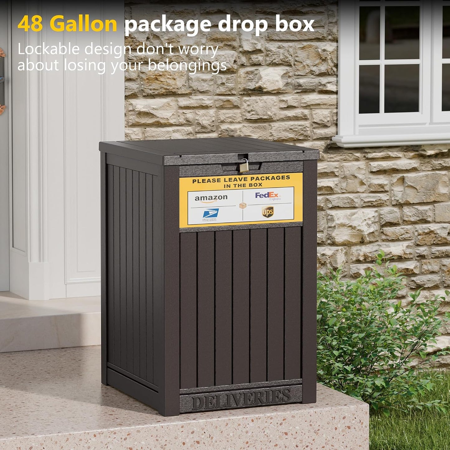 LHBGO Package Delivery Box for Outside, 48 Gallon Storage with Lockable Secure, Large Double Wall Resin Outdoor Package Delivery Waterproof Deck