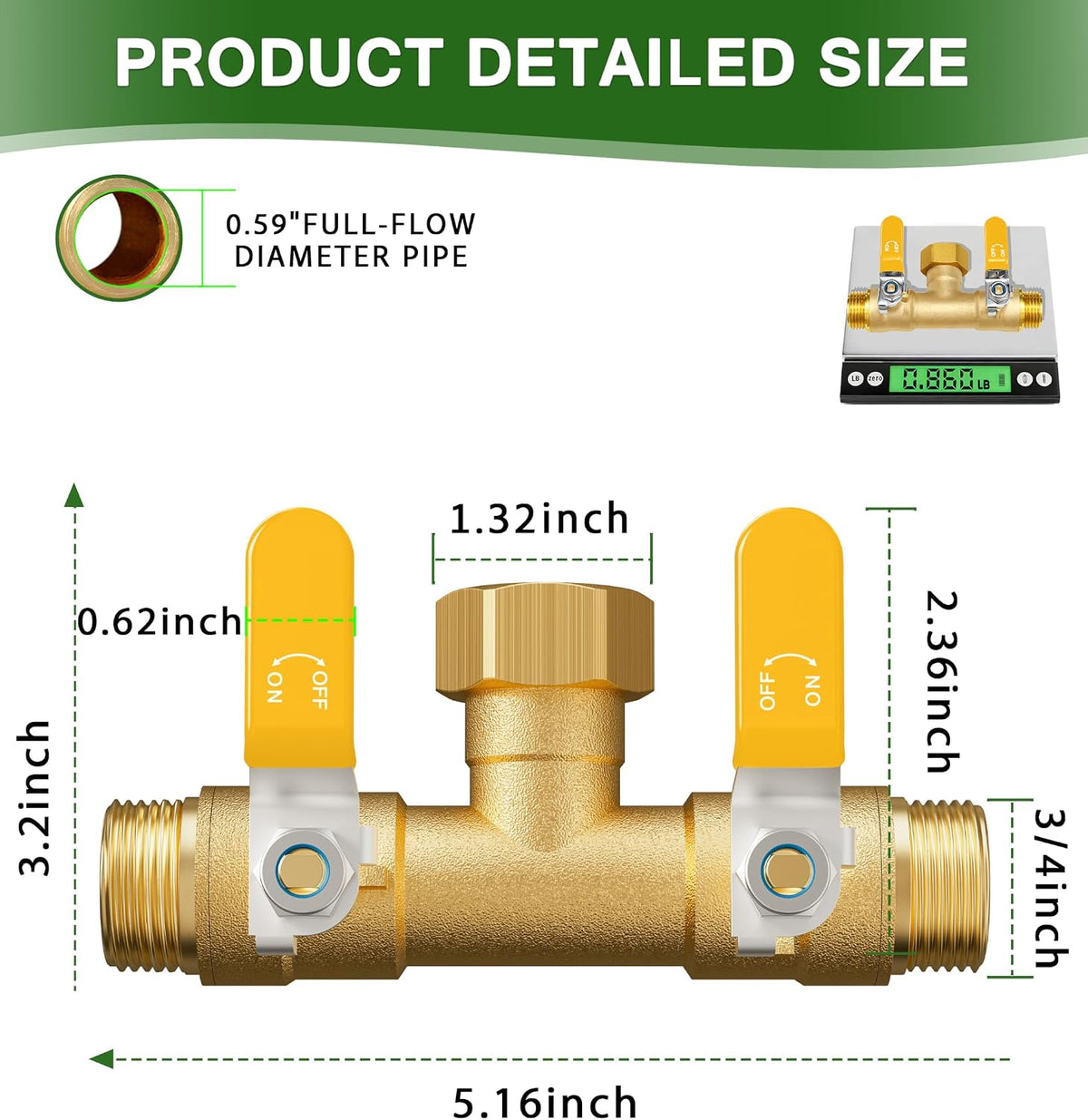 Hose Splitter 2 Way, Heavy Duty Brass Garden Hose Splitter, Water Hose Bib Spigot Splitter with 0.59" Full Flow Ball Valve Outlet & Shut-Off Valve 3/4'' Connector Outdoor Water Faucet Adapter