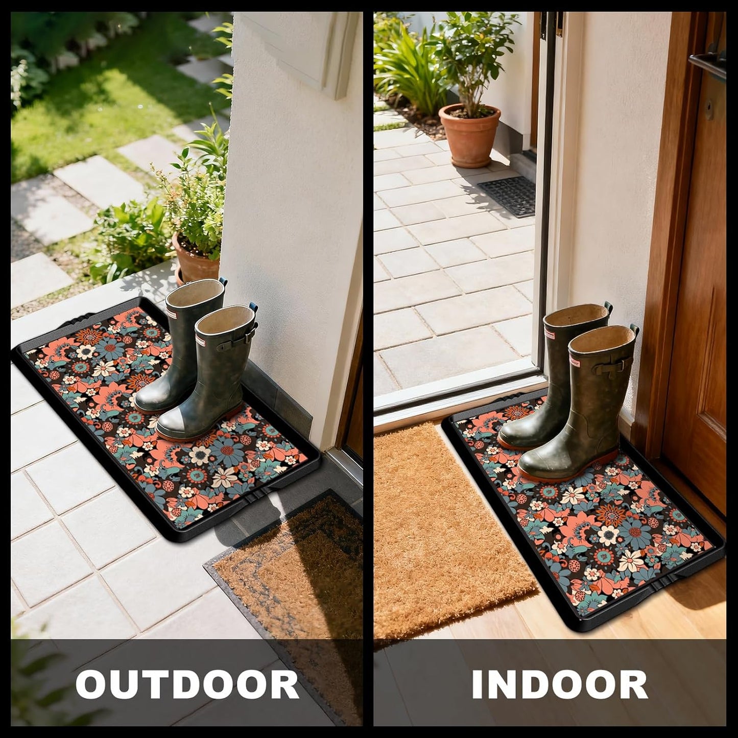 BEHERO Boot Tray Shoe Mat Decorative Patterned, Rubber Shoe Matt Tray Indoor/Outdoor Use, 16" x27.5" Shoe Cleaning Mat Non-Slip, Shoe Storage Waterproof Flower Prints for Entryway, Sunlit Blossom