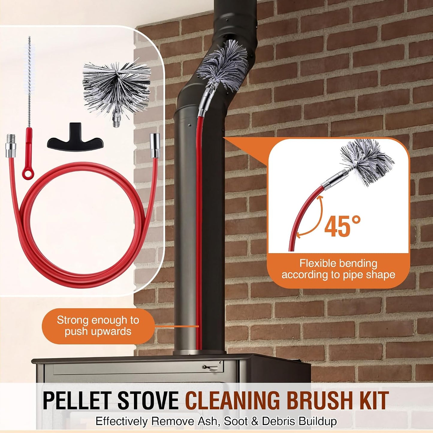 Feekoon Pellet Stove Cleaning Kit, 10 FT Flexible Steel Rod with 3" Brush Head, Flue Detail Cleaner, Pellet Stove Accessories for Vent Pipes Cleaning - Reduce Buildup & Improve Airflow