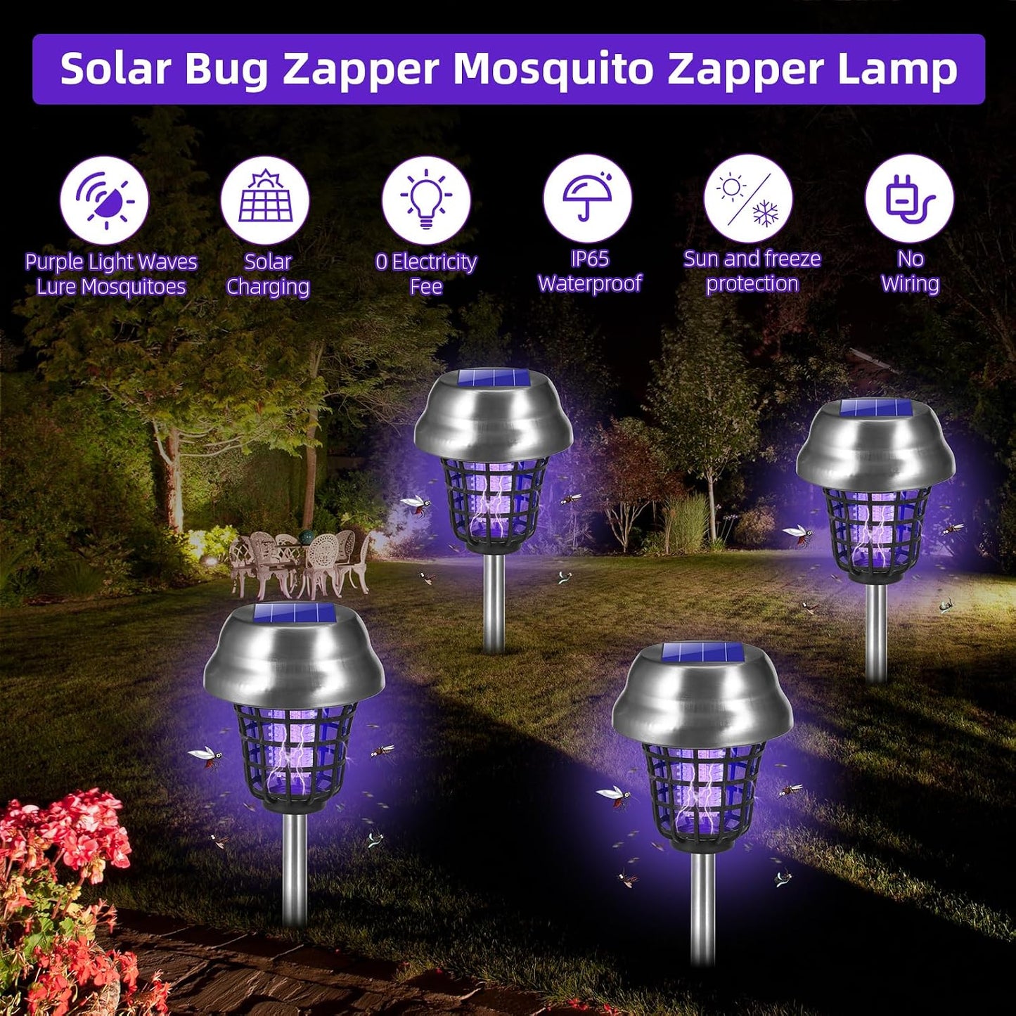 2026 Solar Bug Zapper Outdoor Waterproof Mosquito Repellent Outdoor Patio Mosquito Trap & Killer for Backyard, Garden, Farm, Solar Powered Fly Zapper for Small Flying Insect, Gnats, Flies, Moths(4)