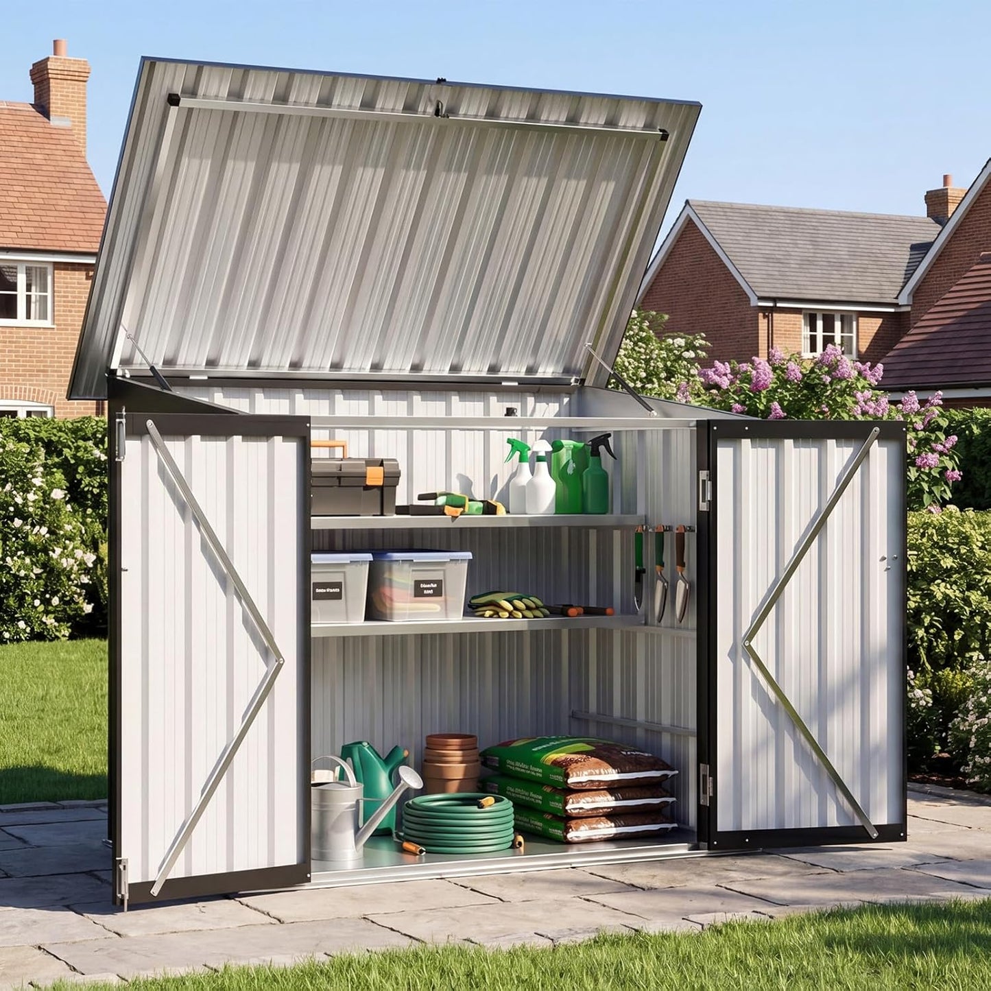 Aoxun Outdoor Storage Cabinet, 35 Cu.Ft Metal Storage Shed with Floor, All-Weather Outdoor Storage Box with Hydraulic Lid, Lockable Doors for Patio Garden Garage, Black