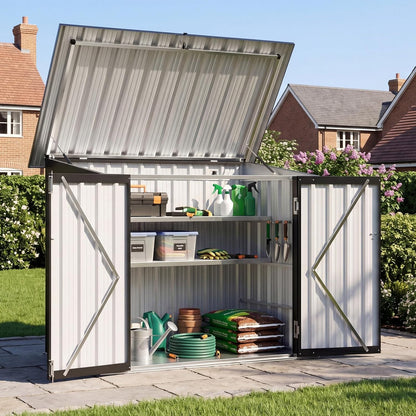 Aoxun Outdoor Storage Cabinet, 35 Cu.Ft Metal Storage Shed with Floor, All-Weather Outdoor Storage Box with Hydraulic Lid, Lockable Doors for Patio Garden Garage, Black