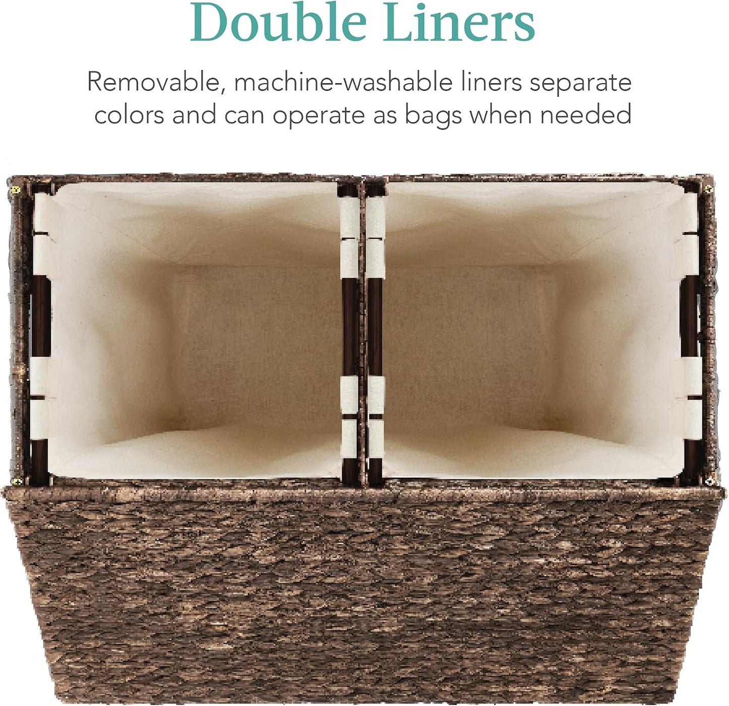 Best Choice Products Large Double Laundry Hamper with Lid, Natural Handwoven Water Hyacinth, 2 Sections w/ 2 Machine Washable Linen Liner Bags, Portable, Handles - Natural