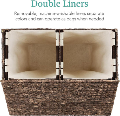 Best Choice Products Large Double Laundry Hamper with Lid, Natural Handwoven Water Hyacinth, 2 Sections w/ 2 Machine Washable Linen Liner Bags, Portable, Handles - Natural