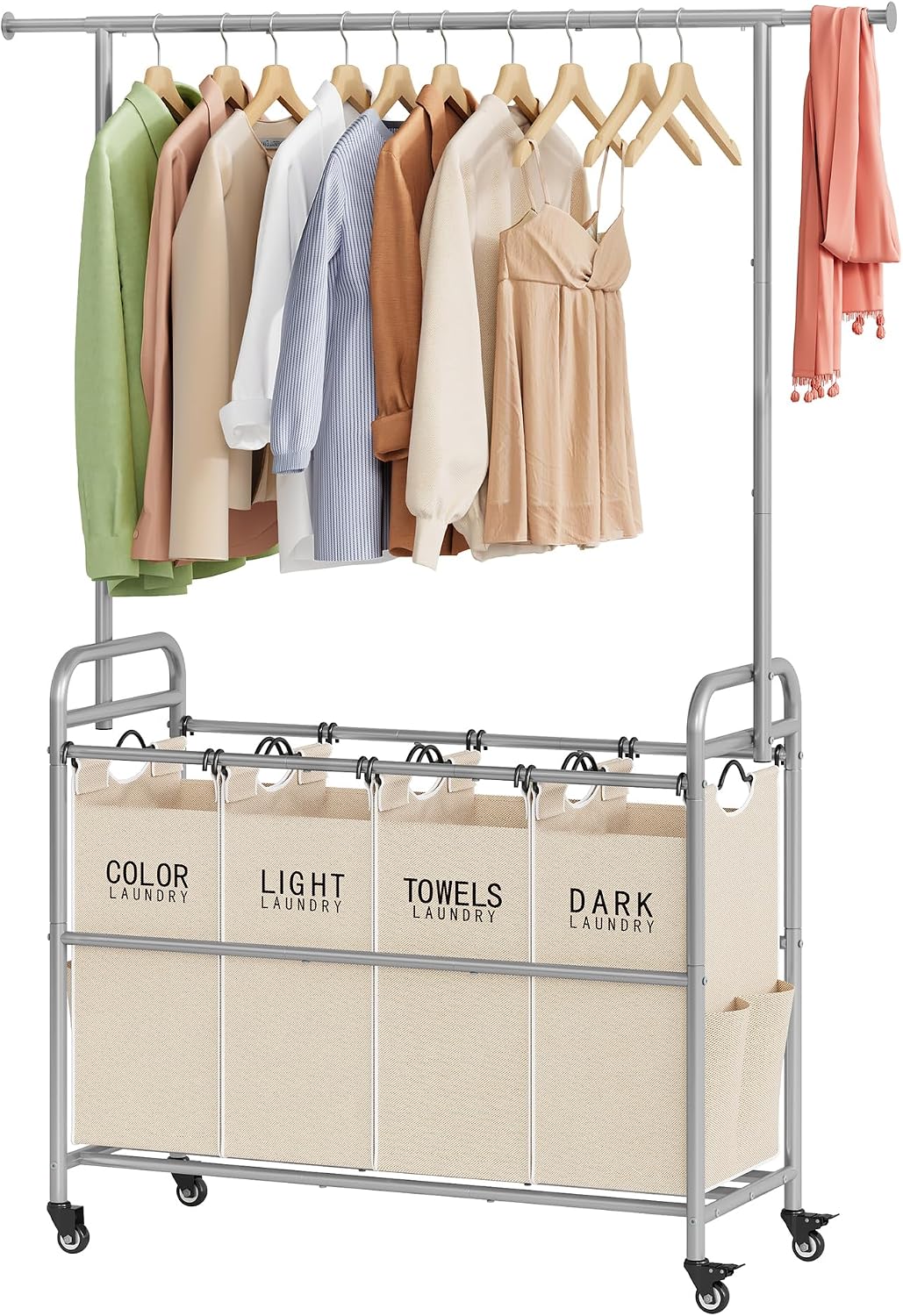Tajsoon Laundry Hamper with Hanging Rack, 3 Section Laundry Sorter with Heavy Duty Lockable Wheels, Laundry Basket Organizer for Dirty Clothes Storage, 3 Beige