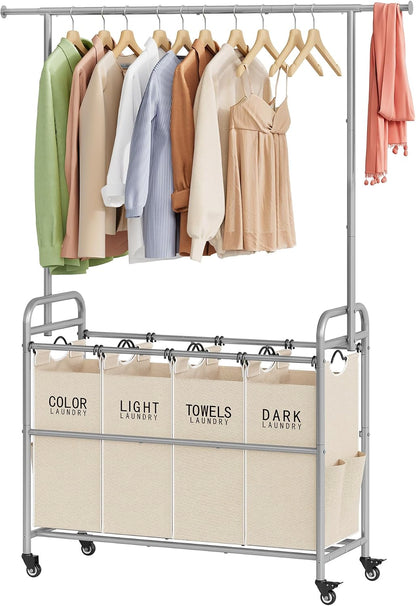 Tajsoon Laundry Hamper with Hanging Rack, 3 Section Laundry Sorter with Heavy Duty Lockable Wheels, Laundry Basket Organizer for Dirty Clothes Storage, 3 Beige